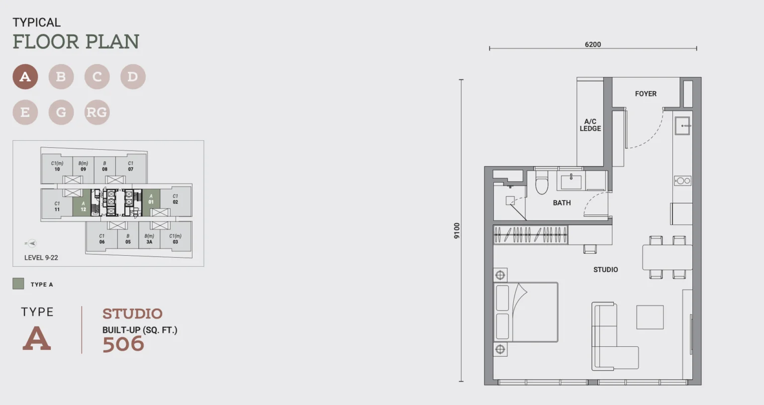 Enlace Suites Type A floor plan, studio, 506 sq ft
