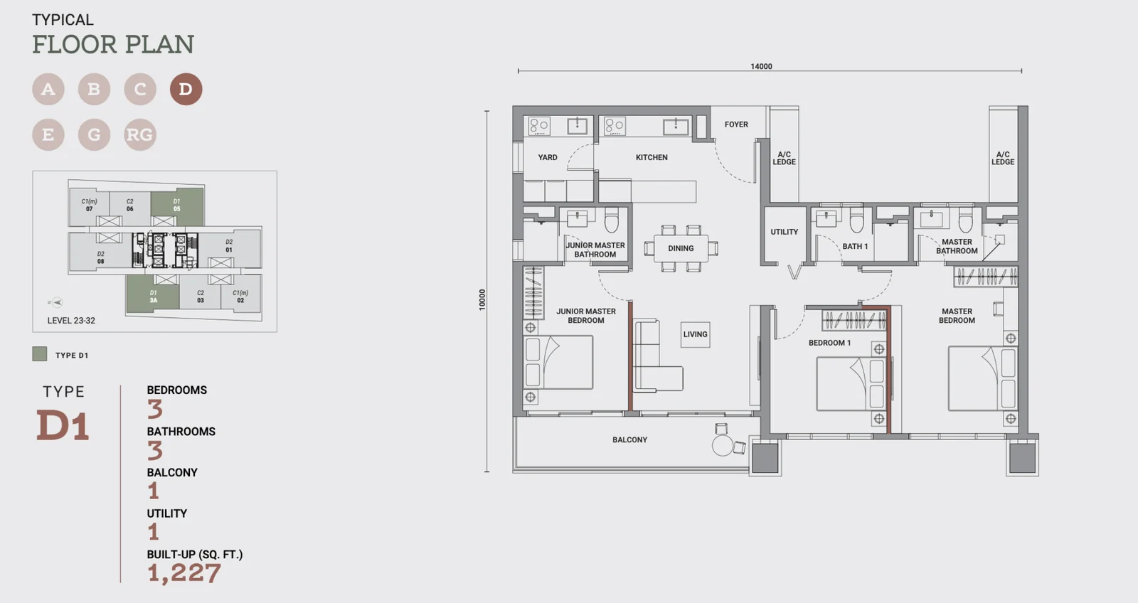 Enlace Suites Type D1 floor plan, 3 bedroom, 1,227 sq ft