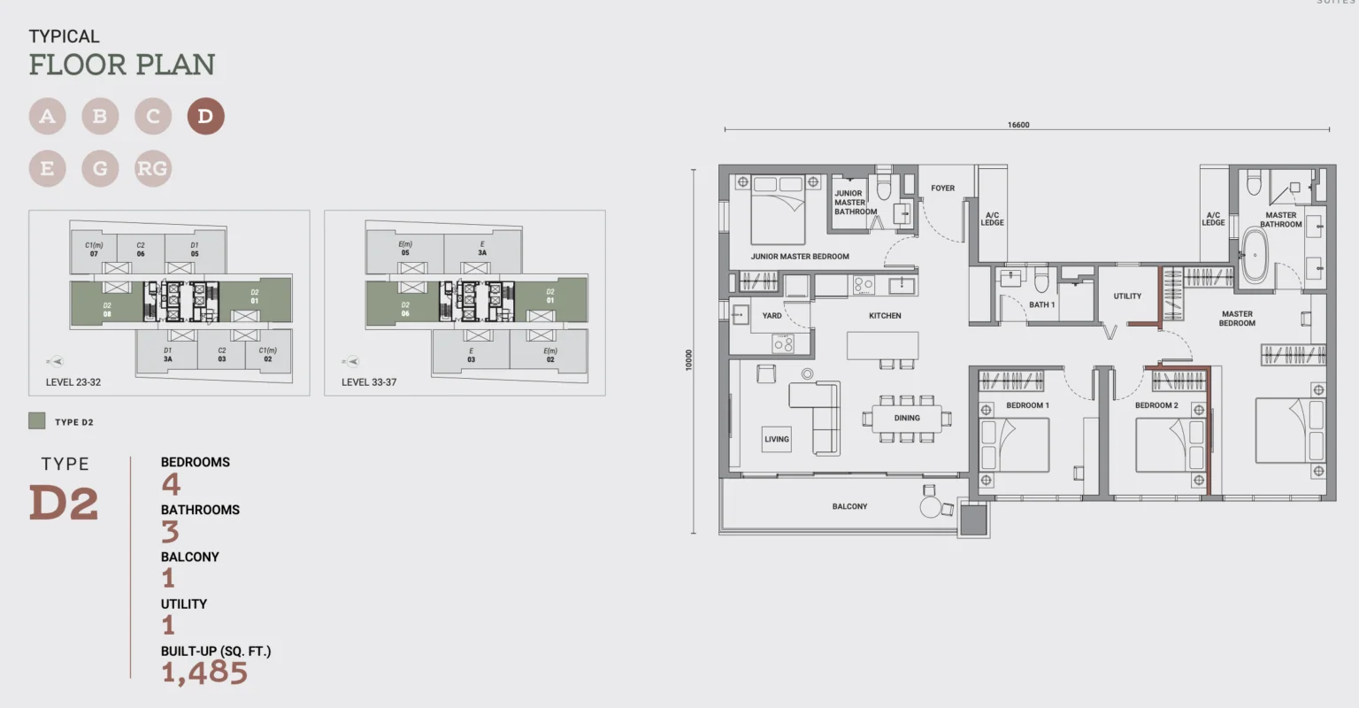 Enlace Suites Type D2 floor plan, 4 bedroom, 1,485 sq ft