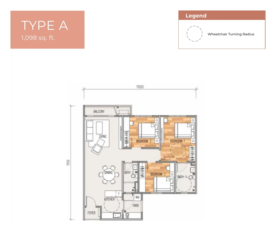 Erat Residence Type A floor plan — 1,098 sq ft