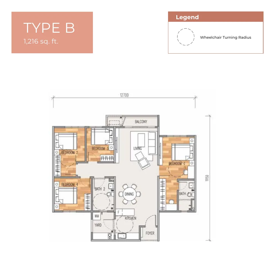 Erat Residence Type B floor plan — 1,216 sq ft