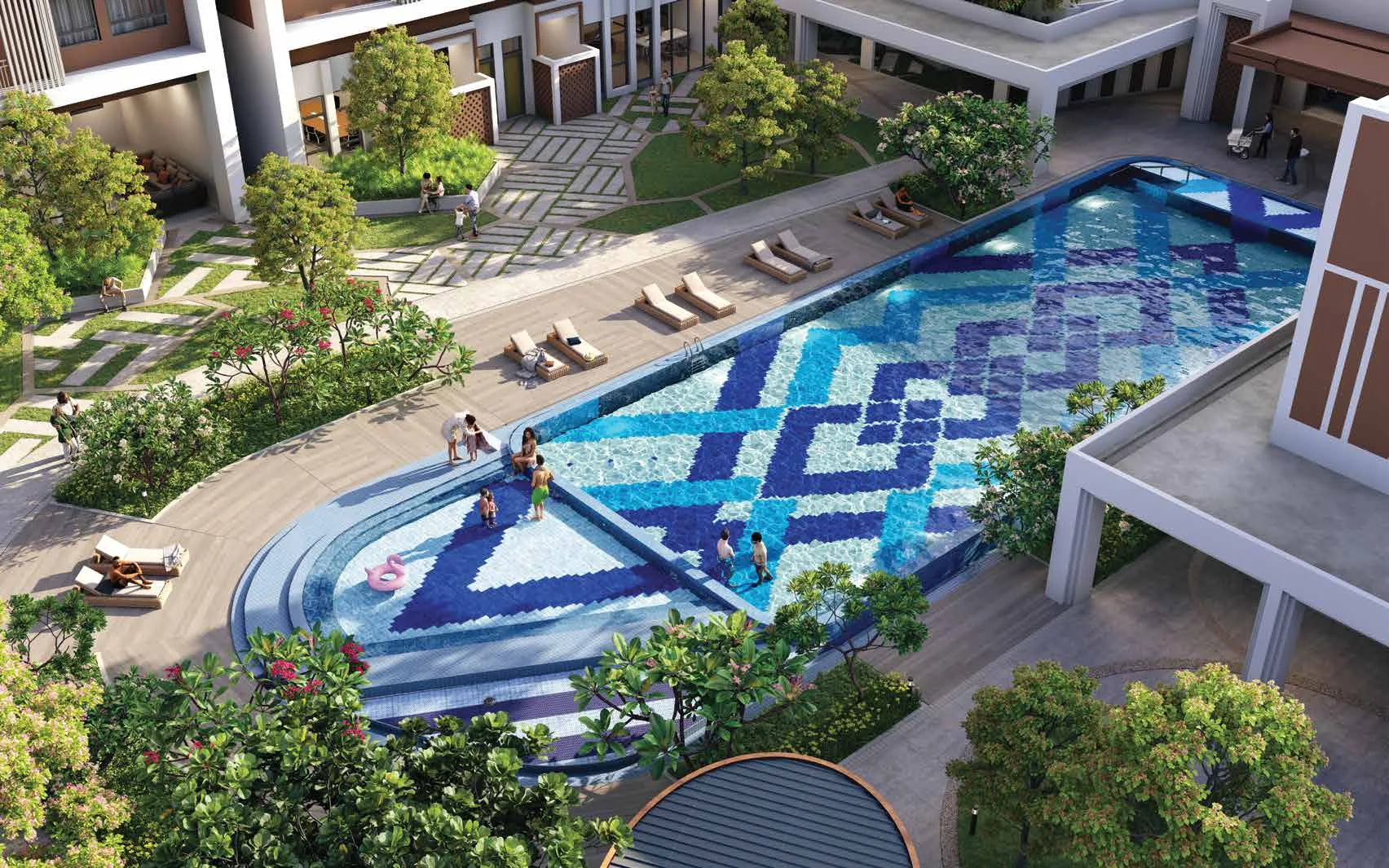 Erat Residence swimming pool with sun-loungers, aerial view, artist's impression