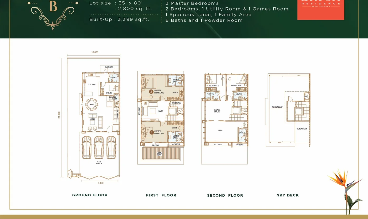 Erica Residence Type B floor plan — 35 x 80 ft lot