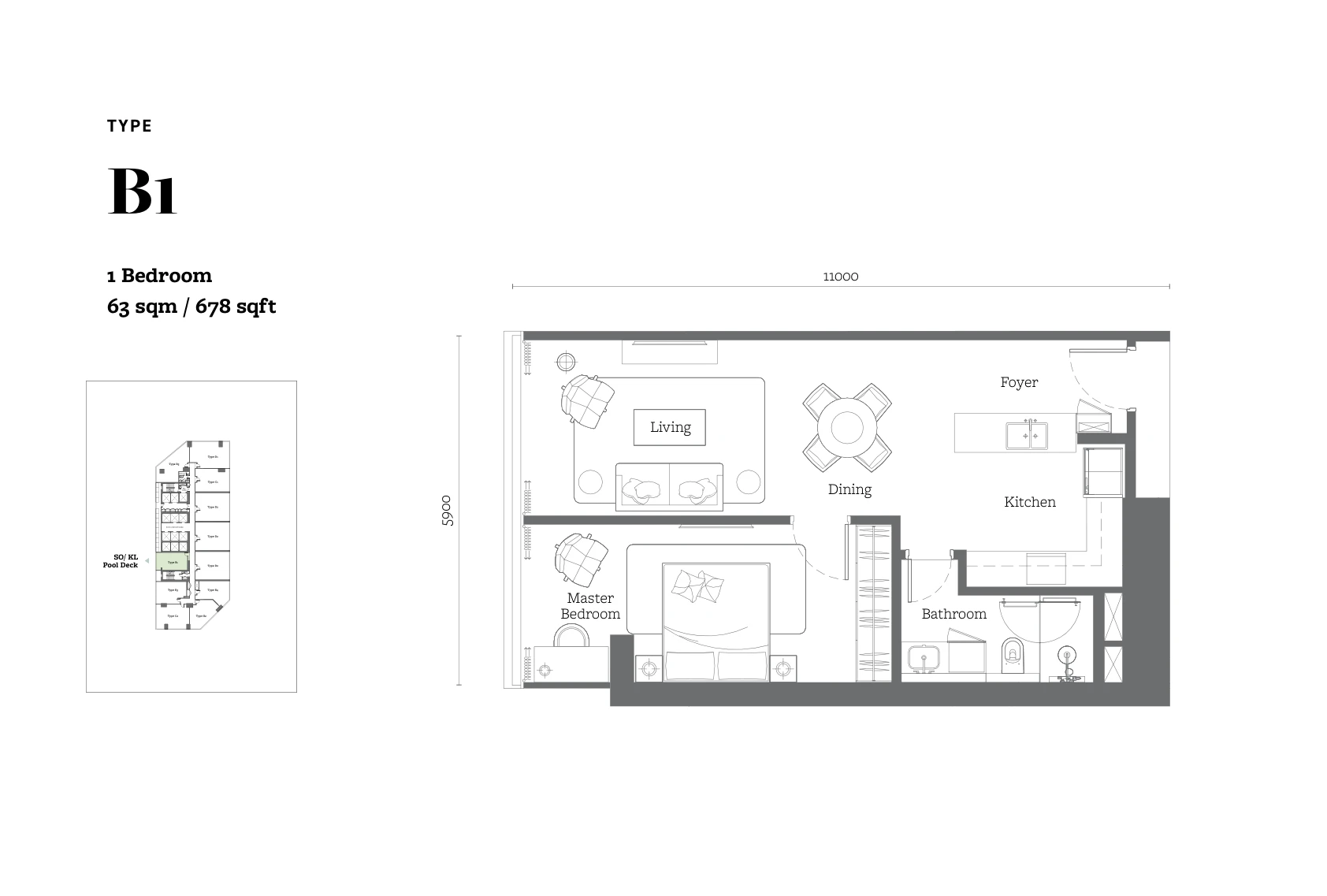 Jewel by Oxley Type B1 floor plan, 1 bedroom