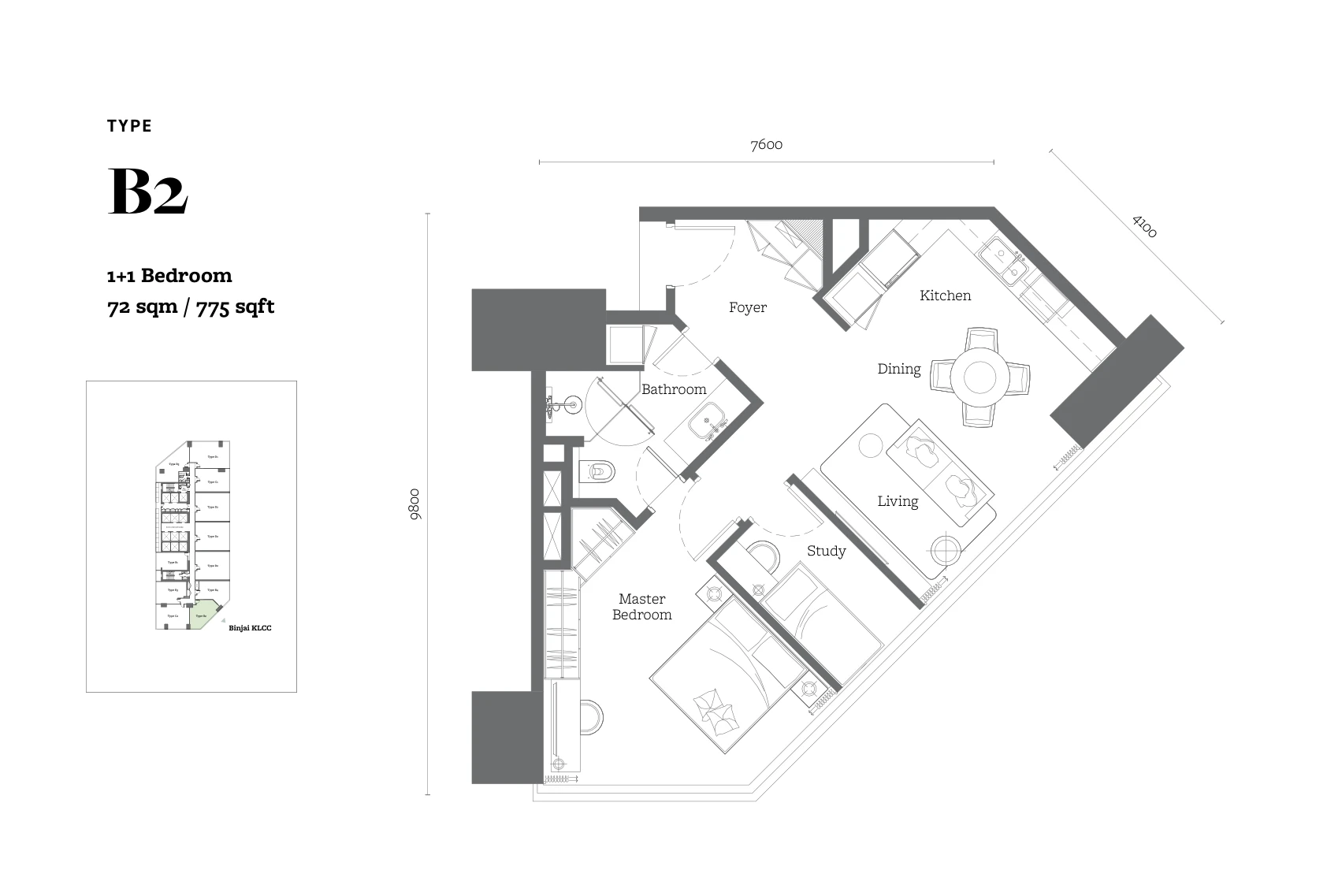 Jewel by Oxley Type B2 floor plan, 1+1 bedroom