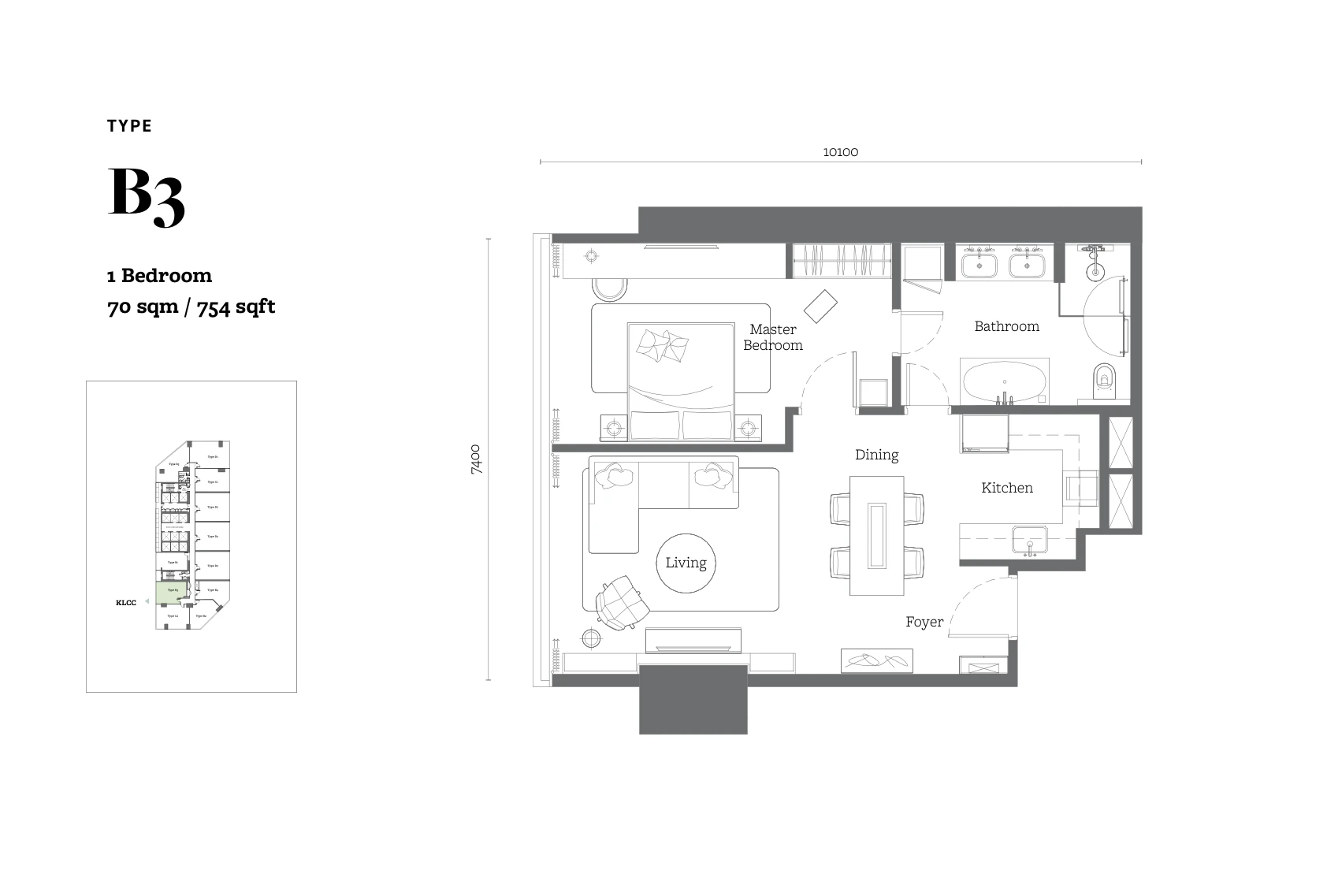 Jewel by Oxley Type B3 floor plan, 1 bedroom