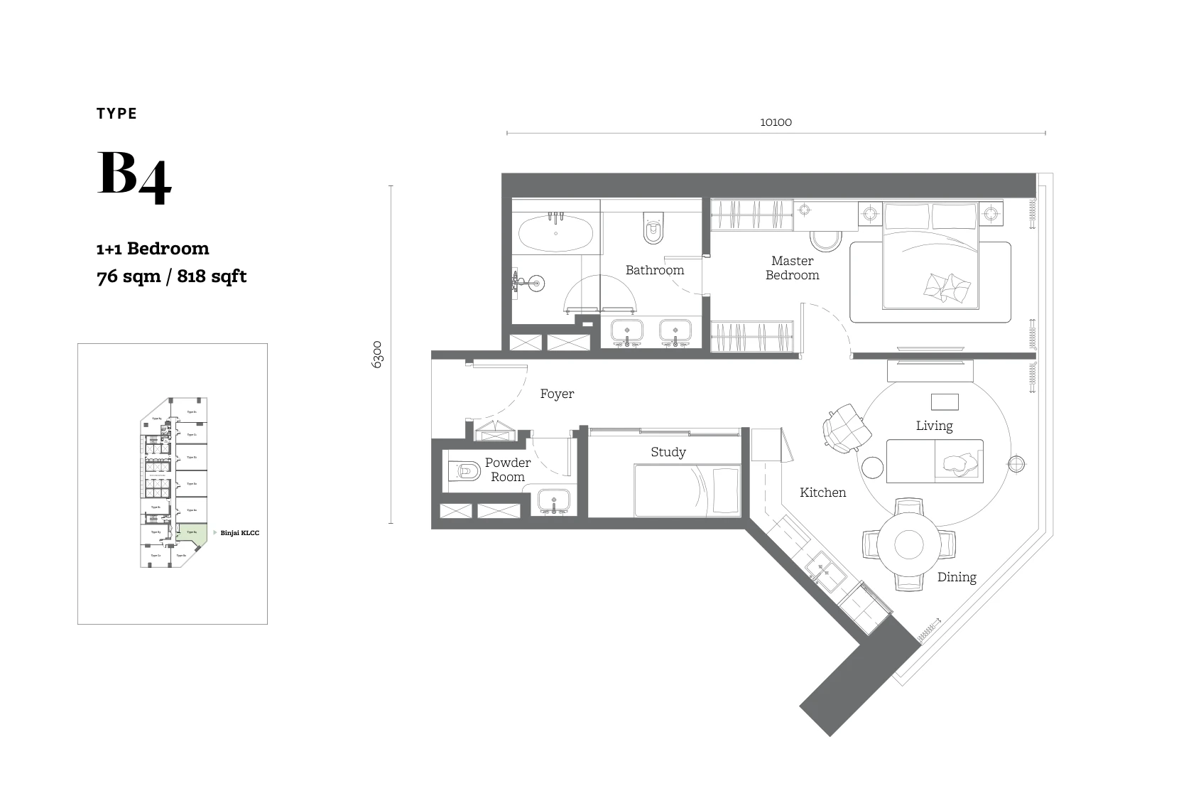 Jewel by Oxley Type B4 floor plan, 1+1 bedroom