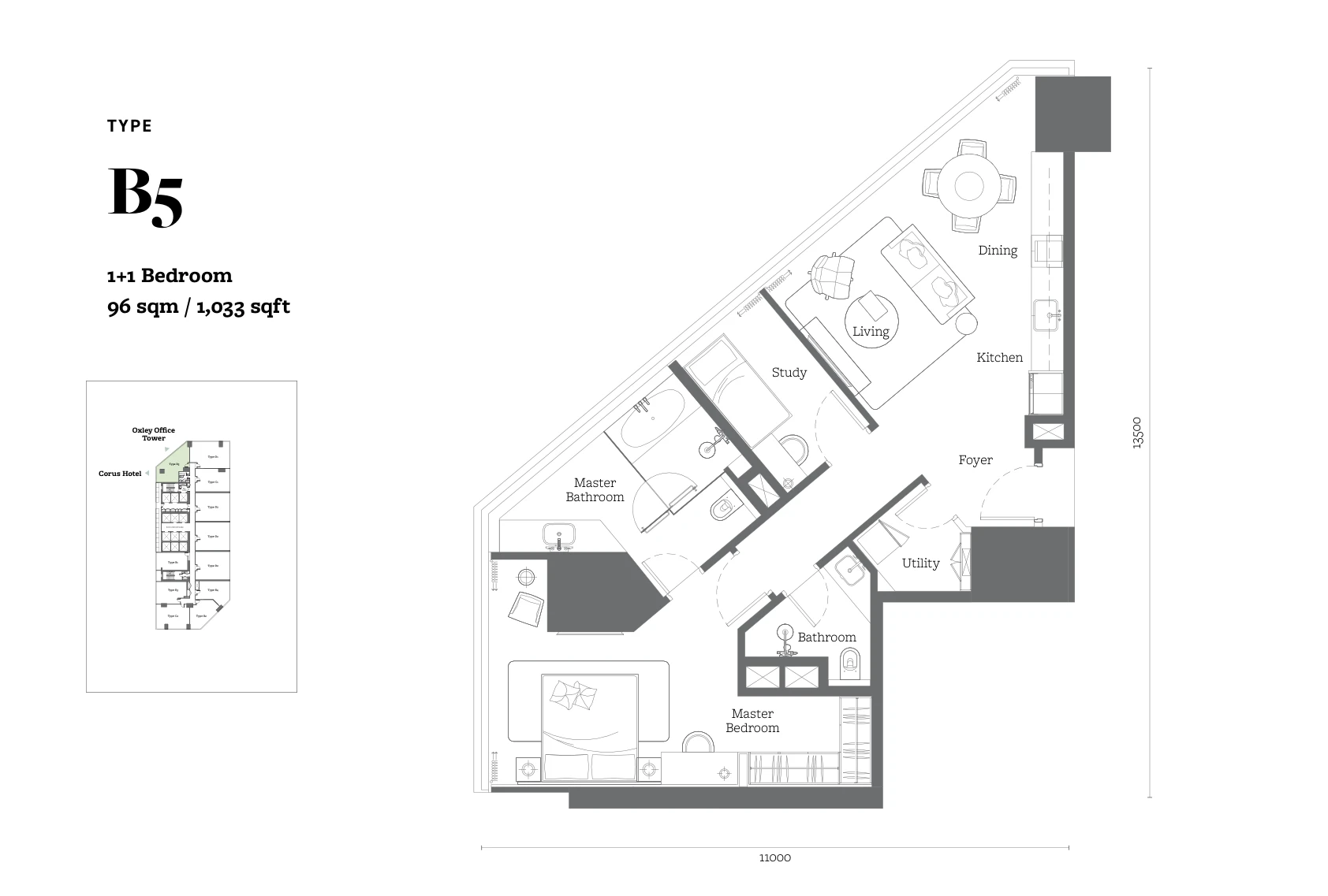 Jewel by Oxley Type B5 floor plan, 1+1 bedroom