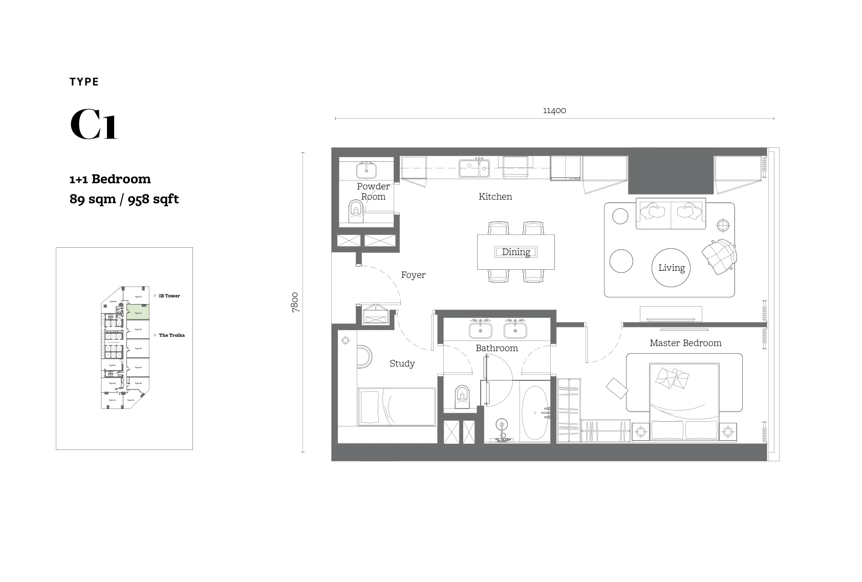 Jewel by Oxley Type C1 floor plan, 1+1 bedroom