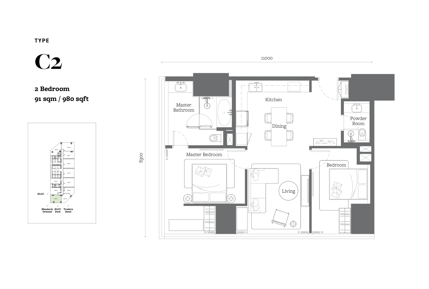 Jewel by Oxley Type C2 floor plan, 2 bedroom