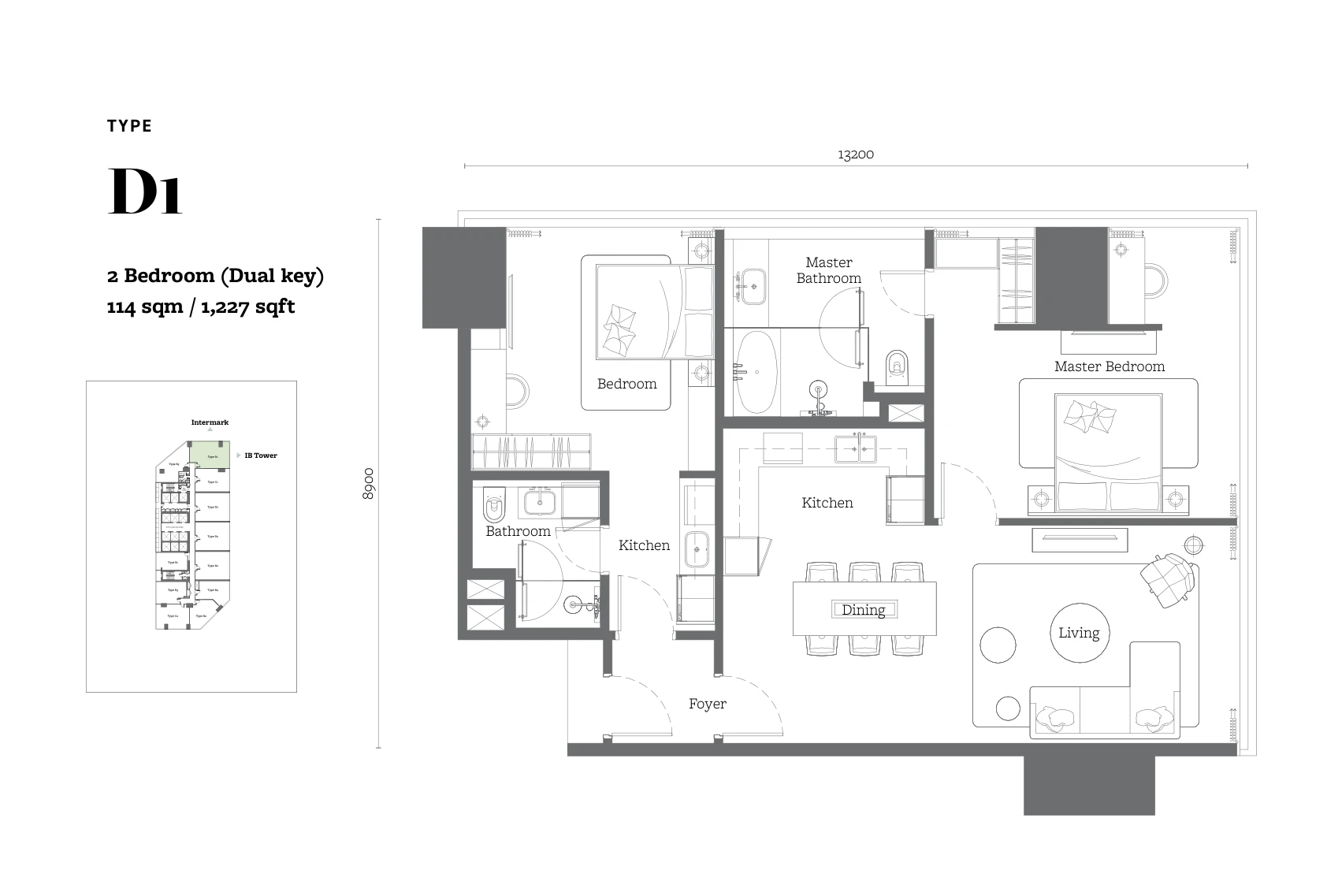 Jewel by Oxley Type D1 floor plan, 2 bedroom dual key