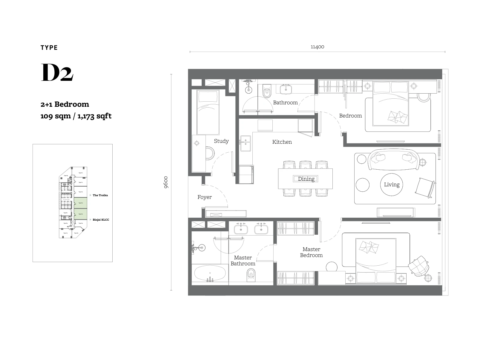 Jewel by Oxley Type D2 floor plan, 2+1 bedroom