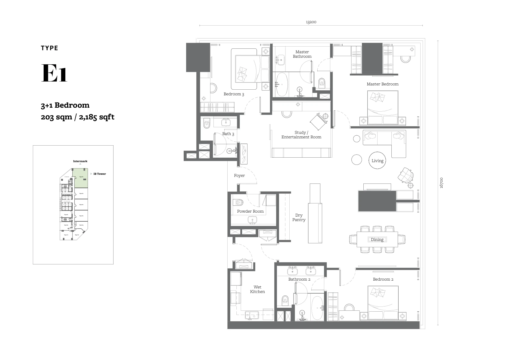 Jewel by Oxley Type E1 floor plan, 3+1 bedroom