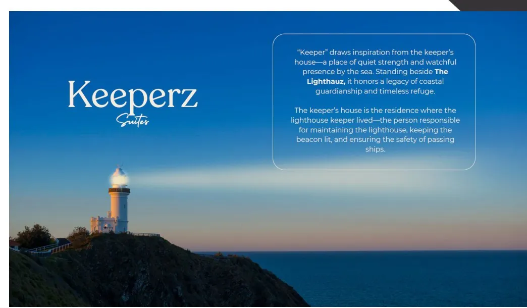 Keeperz Suites brand imagery — the lighthouse keeper's house concept, standing beside The Lighthauz