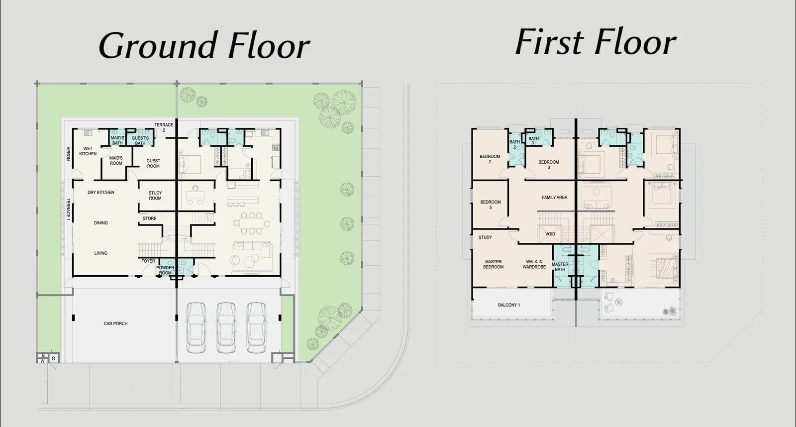 Keys @ Lakeside Residences Semi-D floor plan — ground and first floor, 3,313 sq ft, 6 bedrooms 6 bathrooms plus study