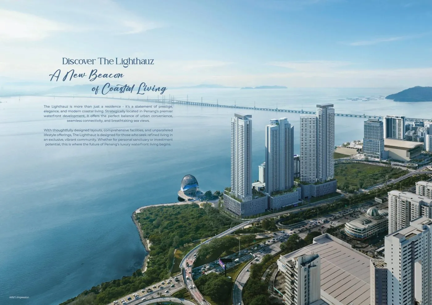 The Lighthauz Penang skyline view with Penang Bridge in the background, artist's impression