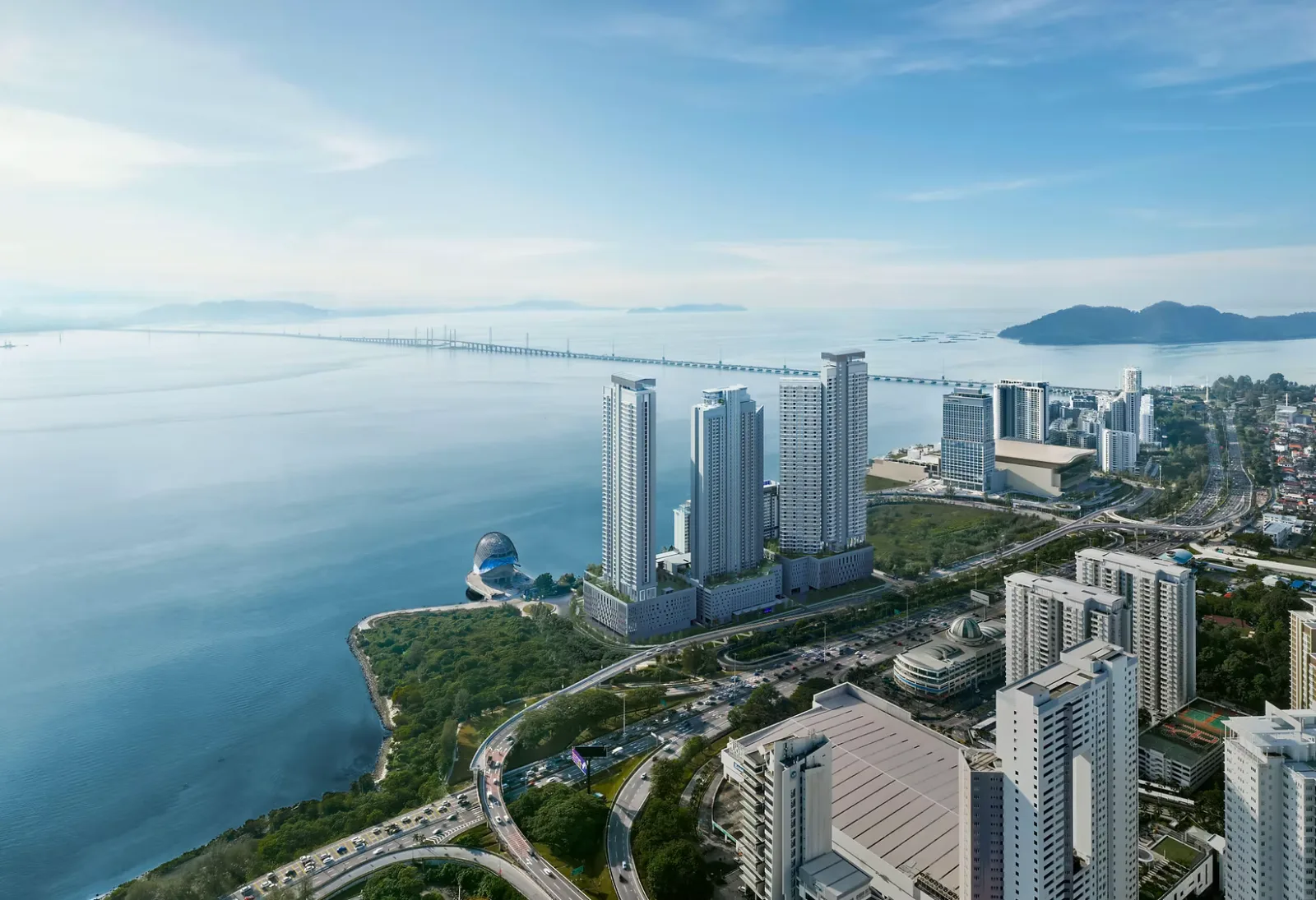 Aerial daytime view of Penang Waterfront City, Penang Bridge and the PWCC dome, Gelugor