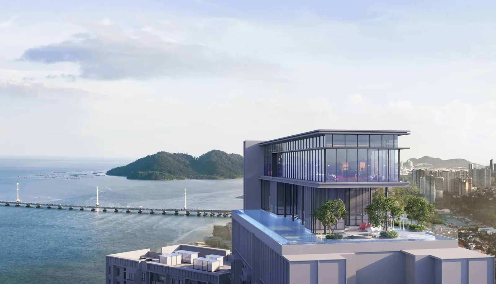 The Lighthauz Phase 2 rooftop sky lounge with sea and Penang Bridge views
