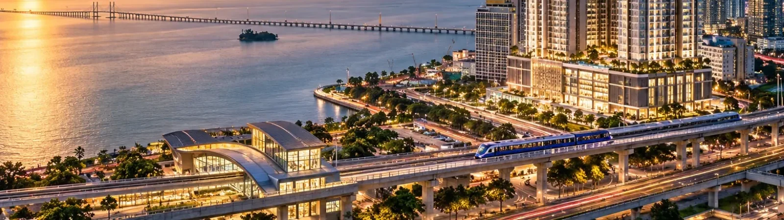 Penang Bridge and George Town skyline at dusk, viewed from Penang Waterfront City, Gelugor