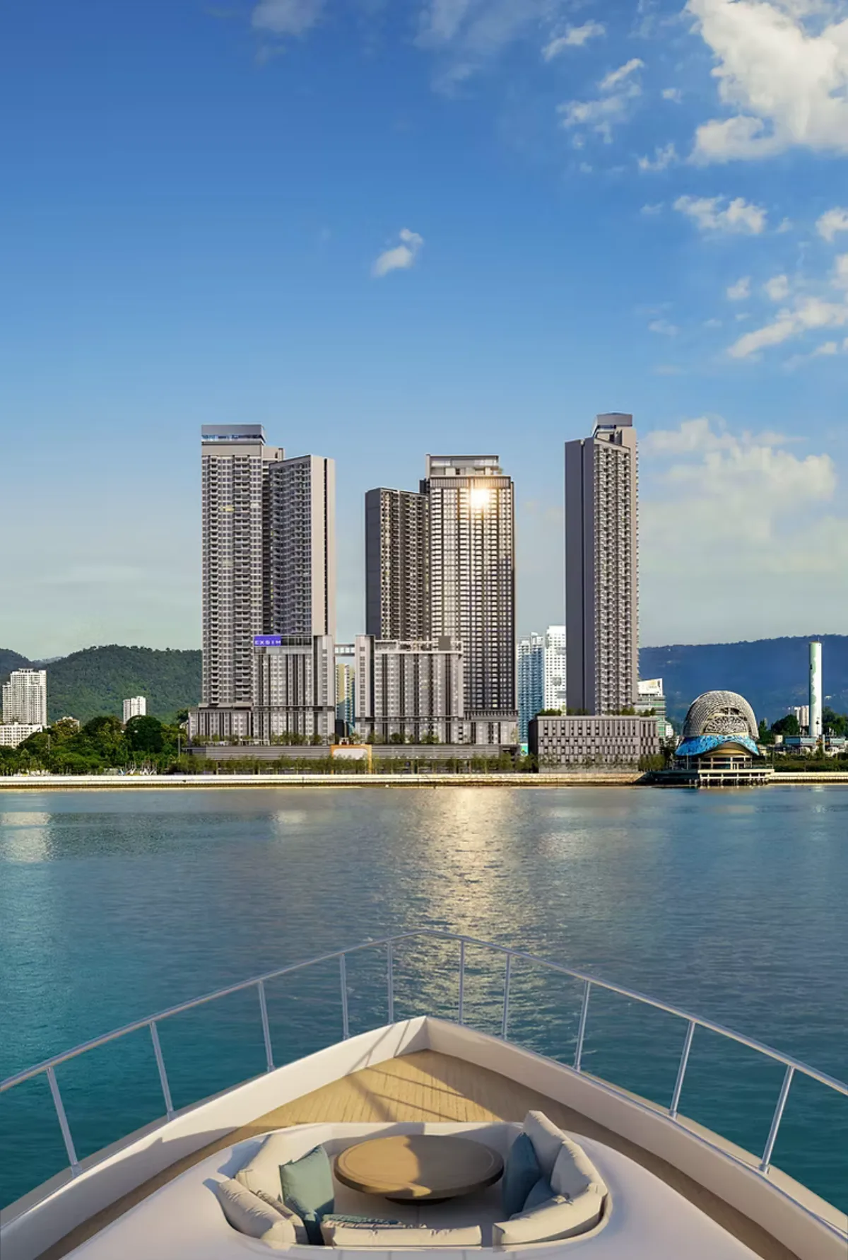 Daytime yacht-approach view of The Lighthauz Phase 2 within Penang Waterfront City
