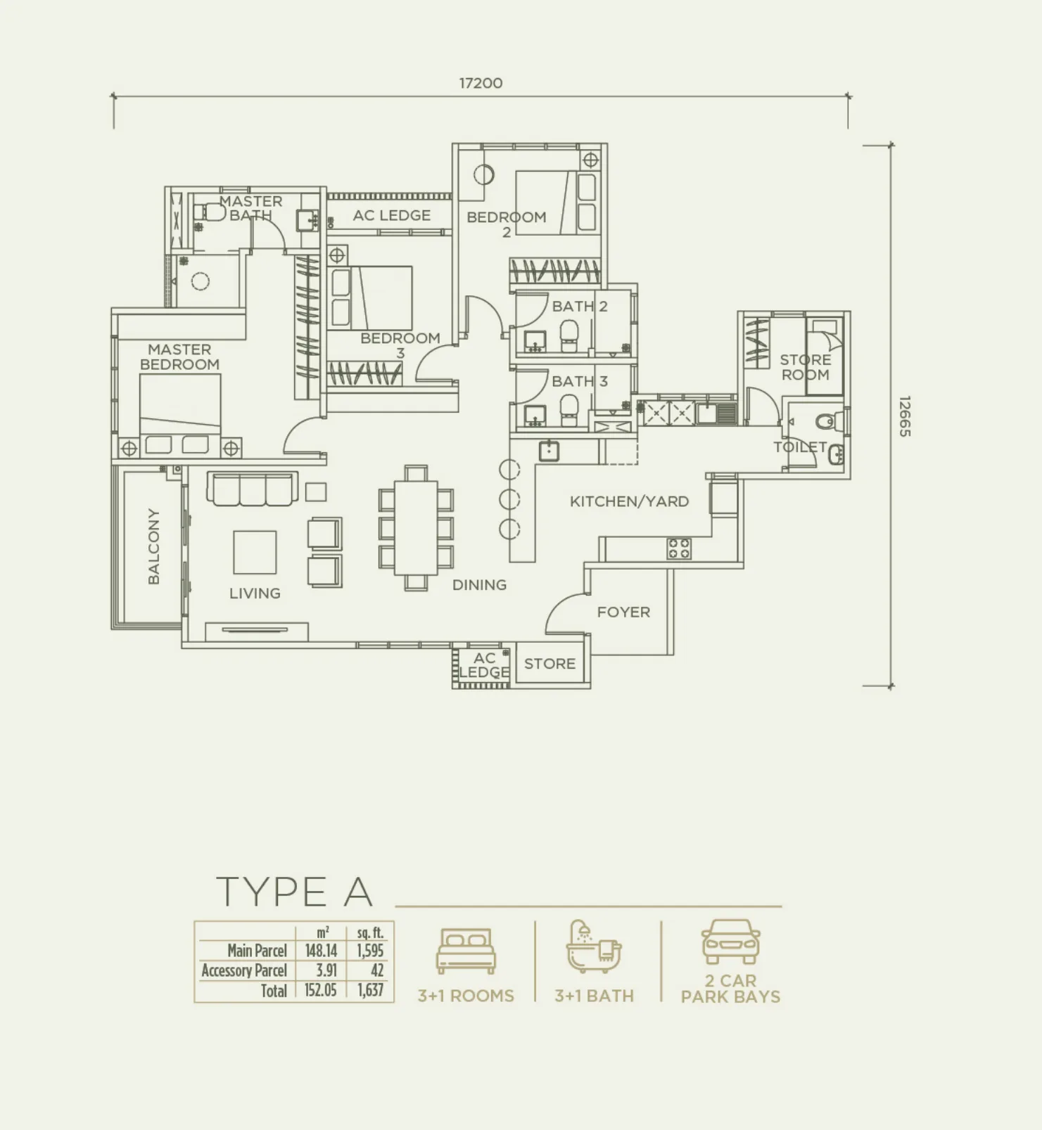 Linari Type A floor plan — 1,637 sq ft