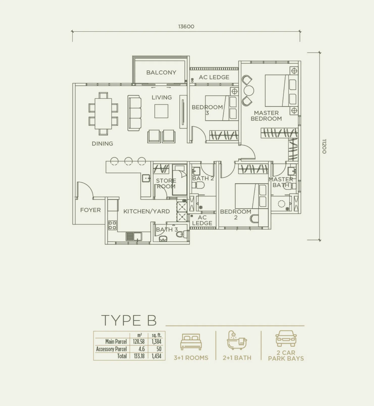 Linari Type B floor plan — 1,434 sq ft