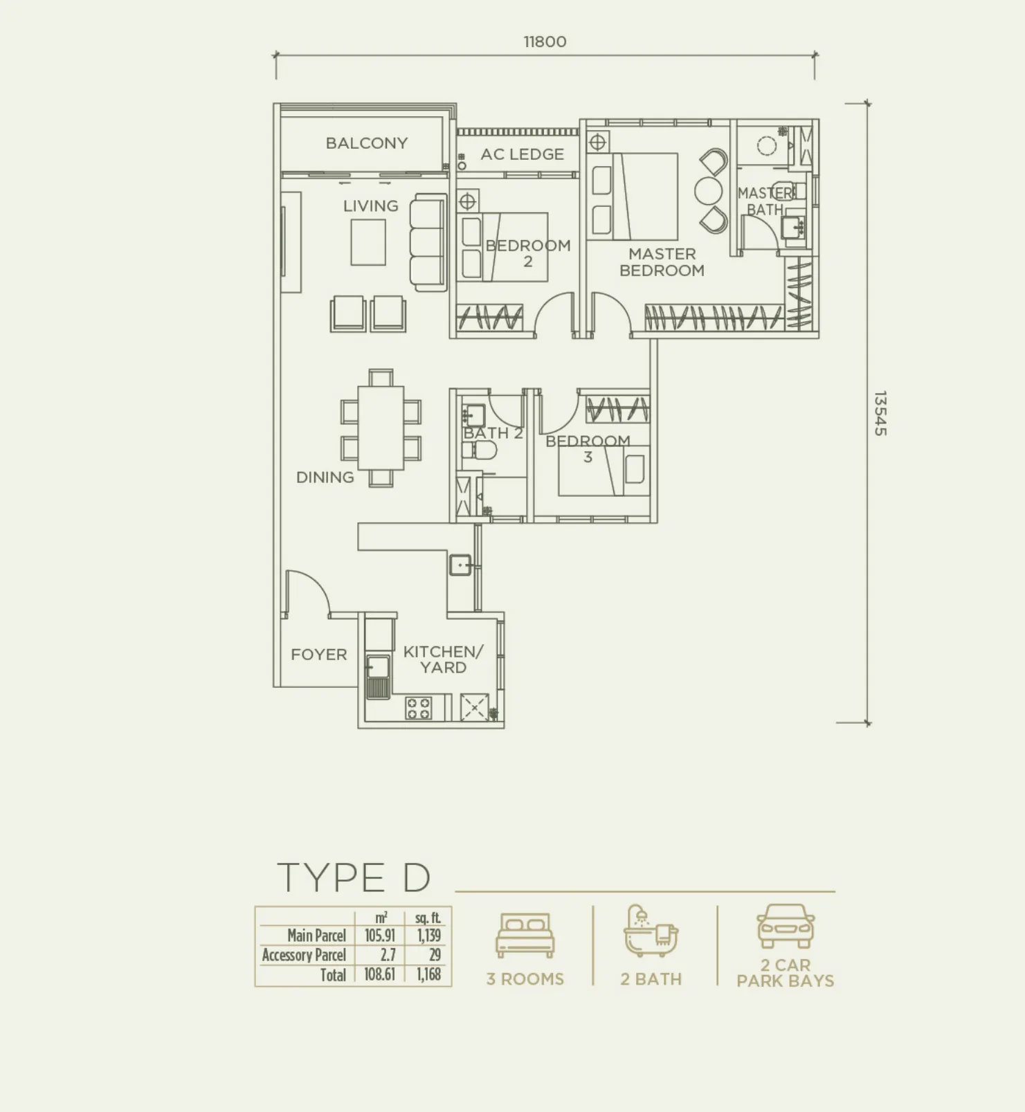 Linari Type D floor plan — 1,168 sq ft