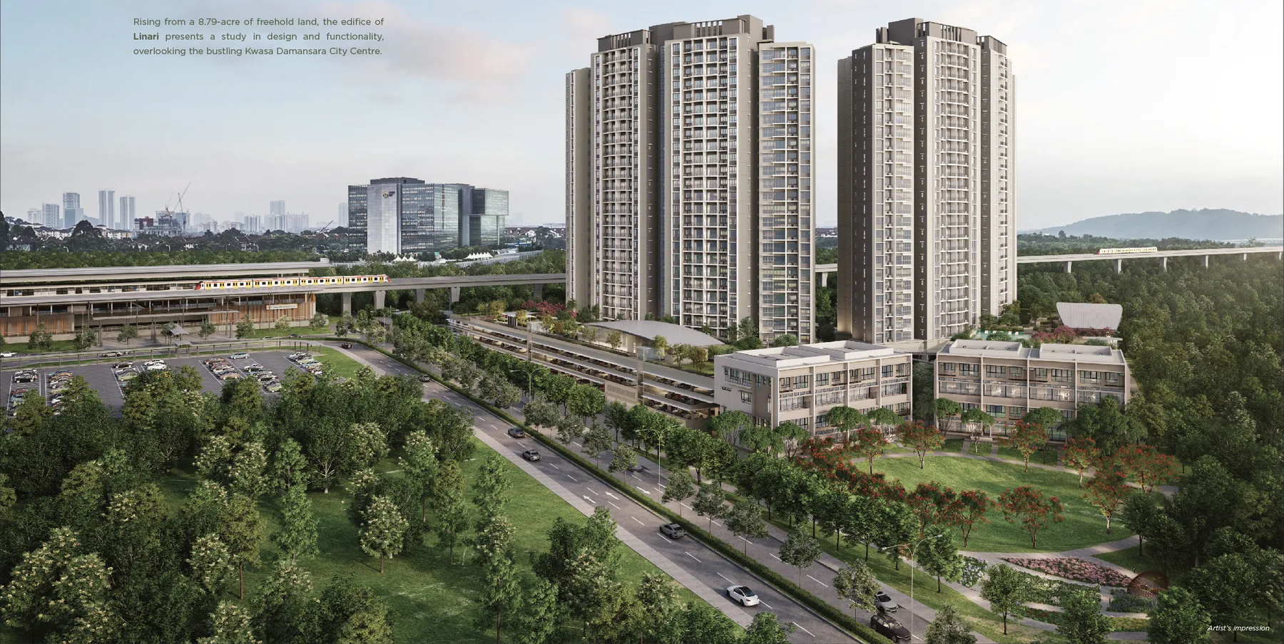 Linari Kwasa Damansara twin towers with the MRT line, artist's impression