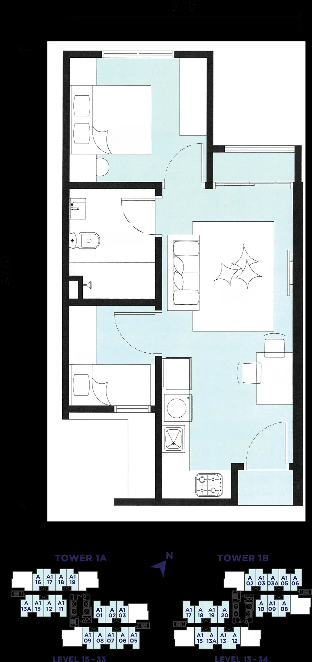Loop Residences Type A/A1 floor plan — 450 sq ft, 1+1 bedroom