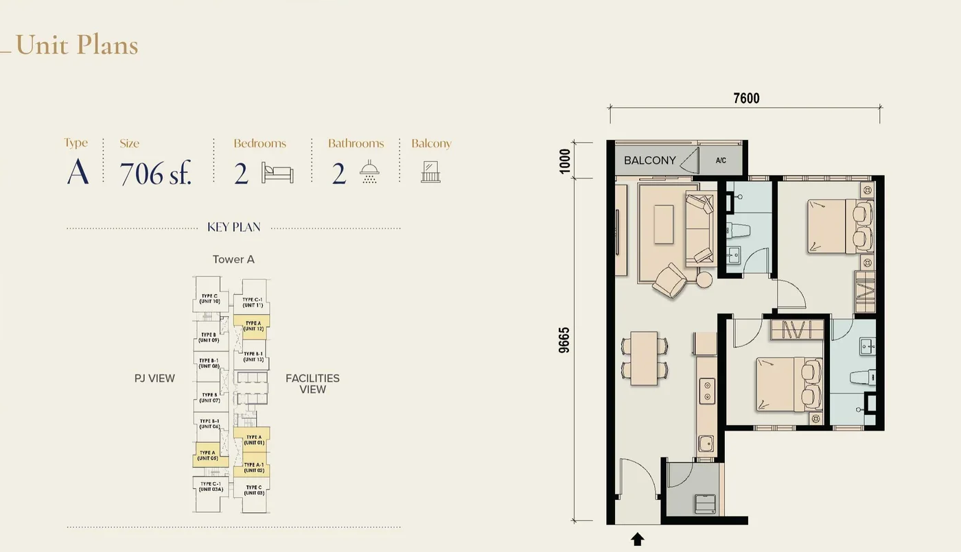 M Aspira Type A floor plan — 706 sq ft, 2 bedrooms
