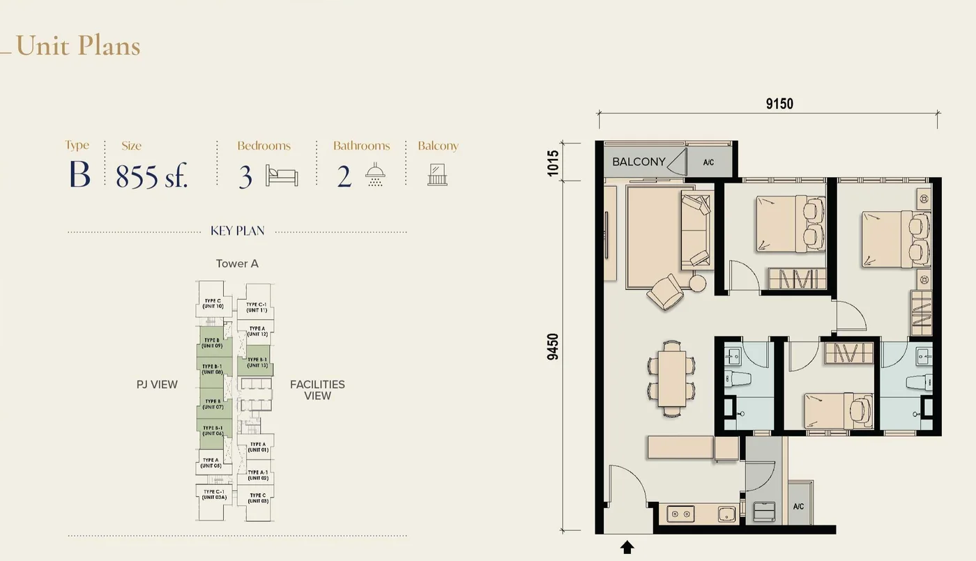 M Aspira Type B floor plan — 855 sq ft, 3 bedrooms