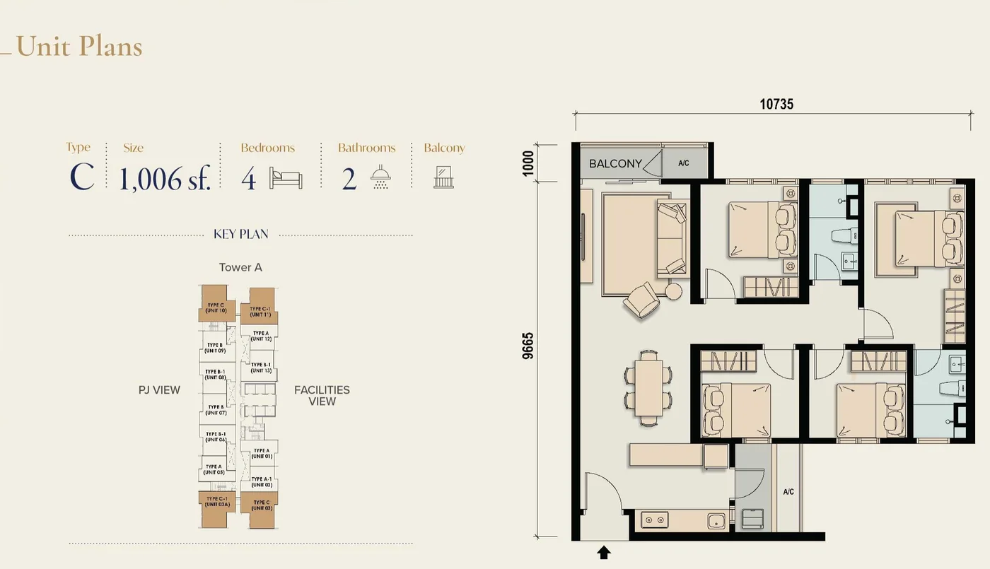 M Aspira Type C floor plan — 1,006 sq ft, 4 bedrooms