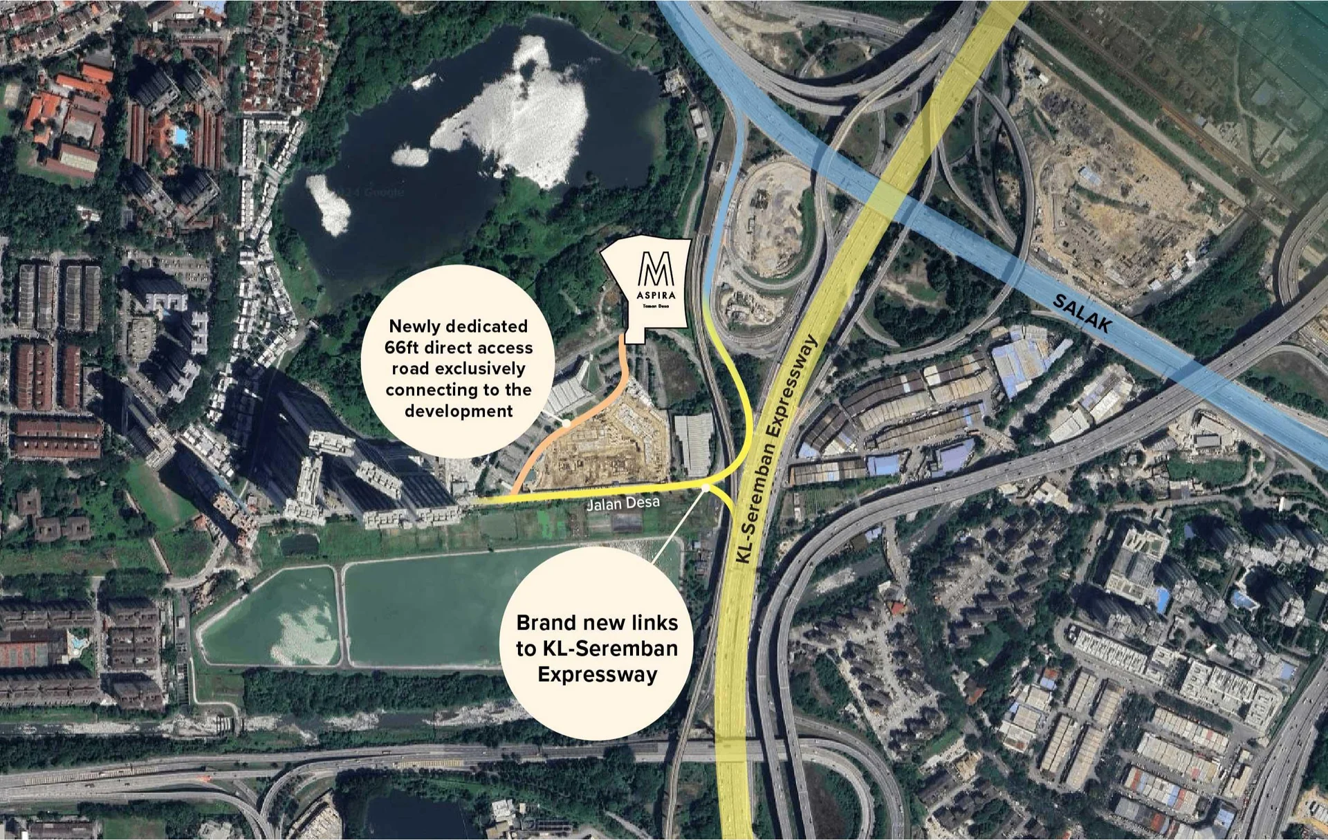 Aerial view of the M Aspira Taman Desa site with its new dedicated access road to the KL-Seremban Expressway