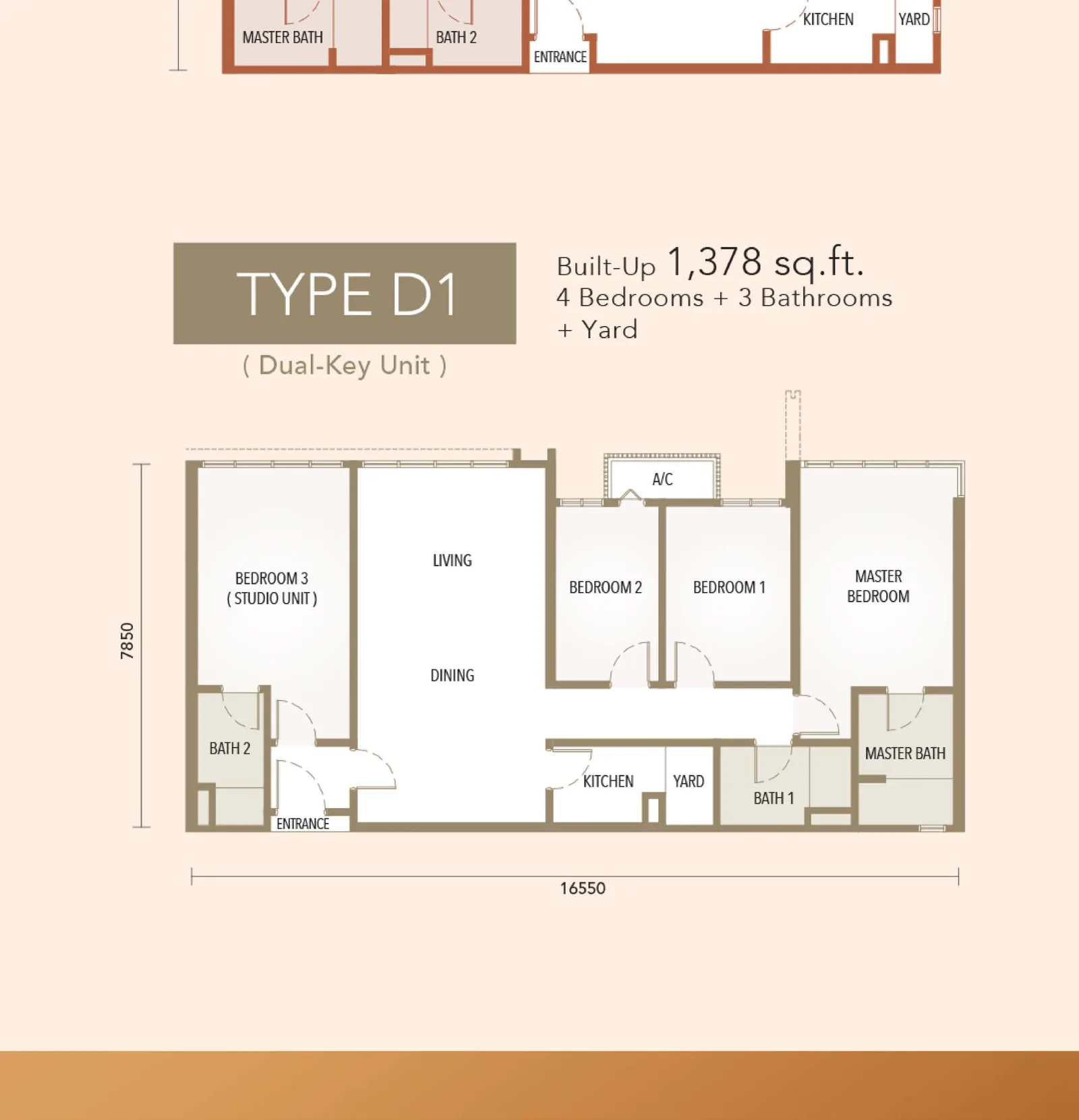 The Maple Residences Type D1 floor plan — 1,378 sq ft, 4 bedrooms, dual-key