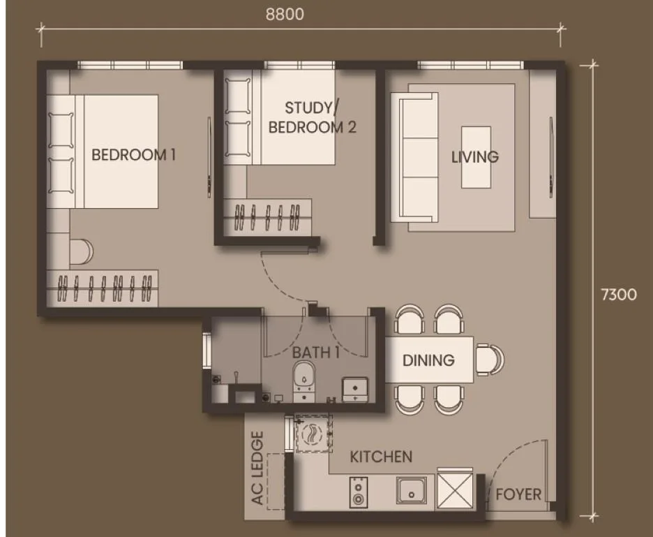 Monterra Type A floor plan — 579 sq ft
