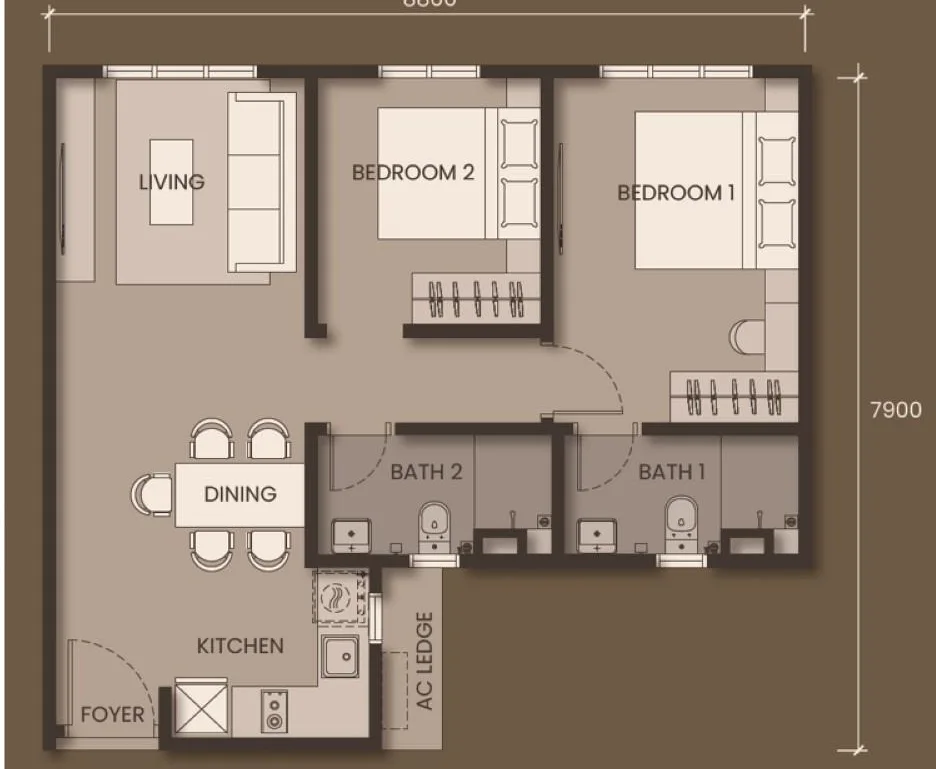 Monterra Type B floor plan — 649 sq ft