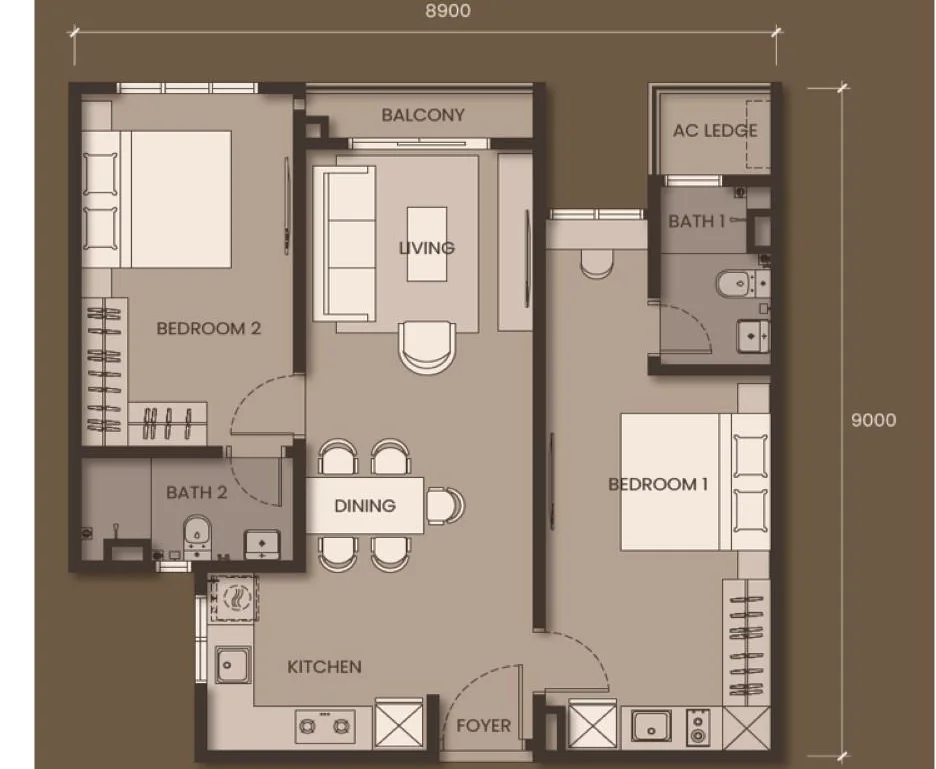 Monterra Type C floor plan — 792 sq ft dual key