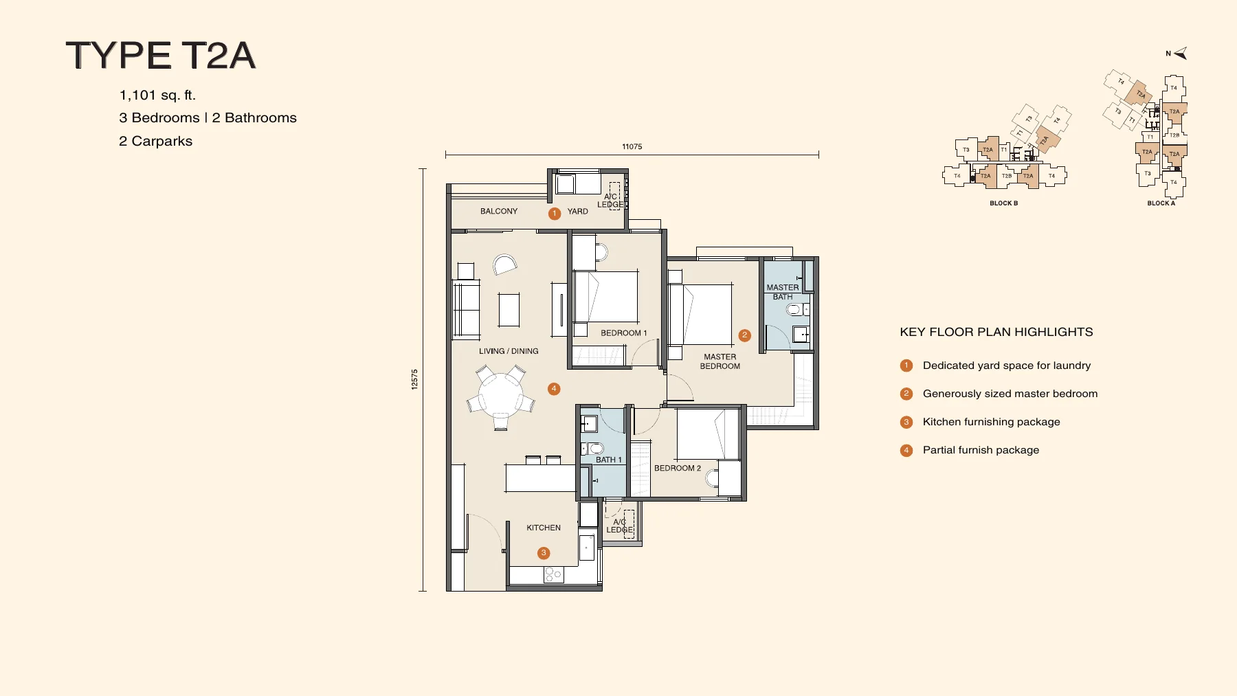 Myra Senja Type T2A floor plan — 1,101 sq ft, 3 bedrooms