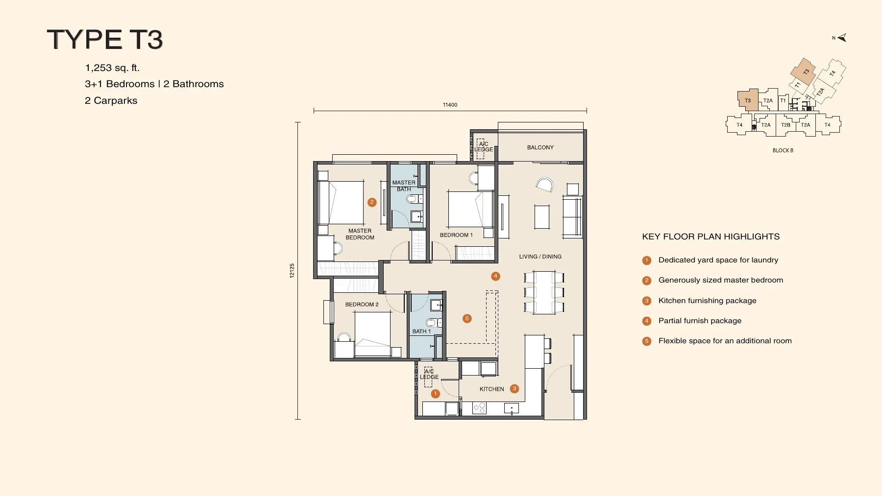 Myra Senja Type T3 floor plan — 1,253 sq ft, 3+1 bedrooms