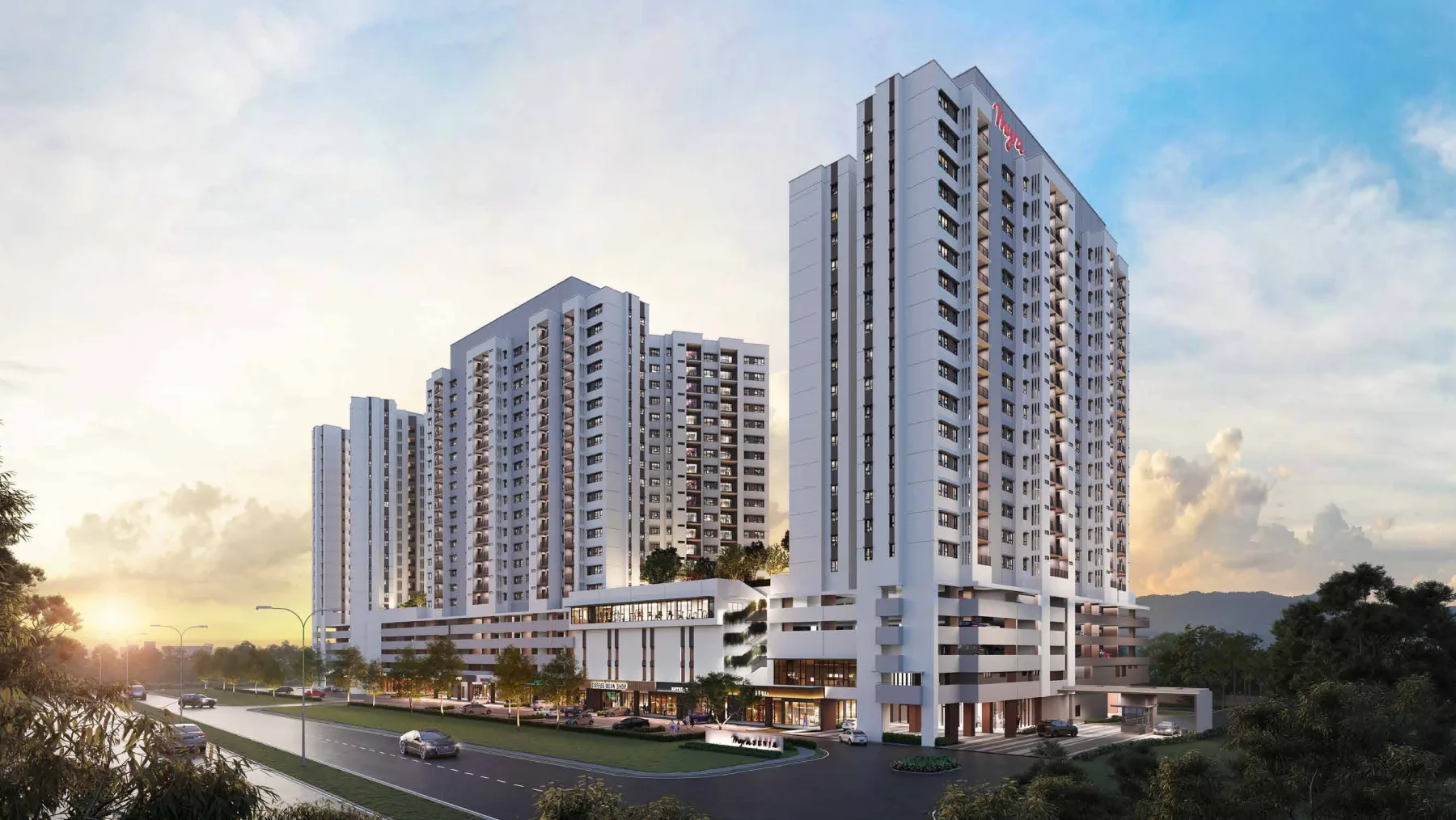 Myra Senja Subang 2 towers with retail podium at dusk, artist's impression