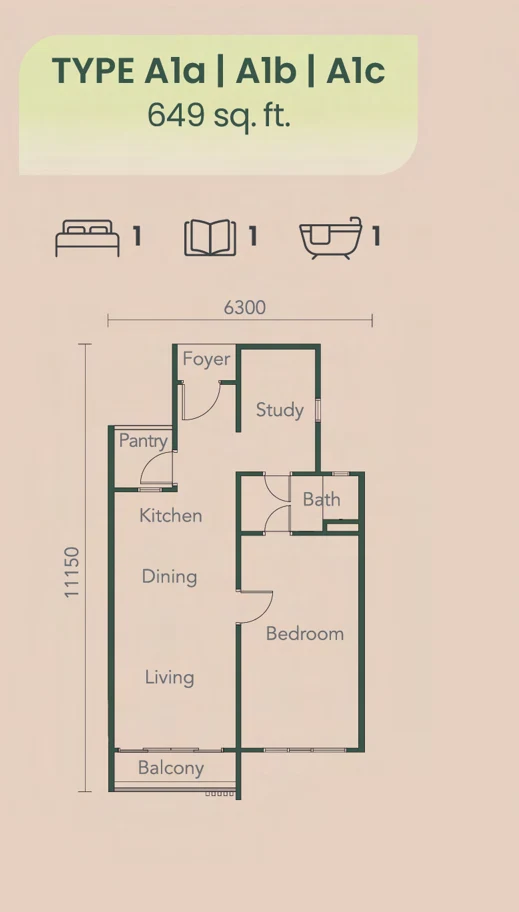 NADI Residences Type A1 floor plan — 649 sq ft, 1+1 bedrooms