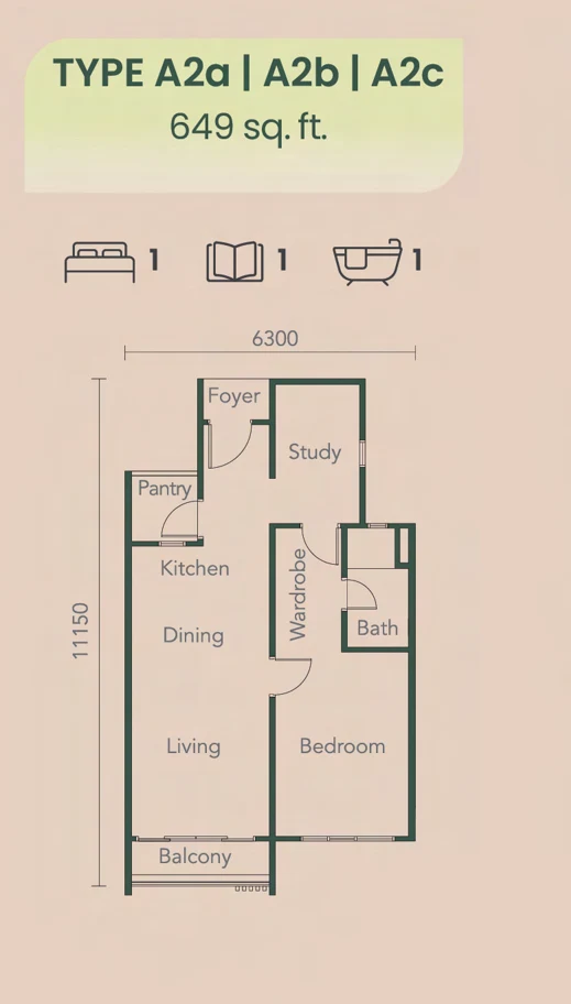 NADI Residences Type A2 floor plan — 649 sq ft, 1+1 bedrooms