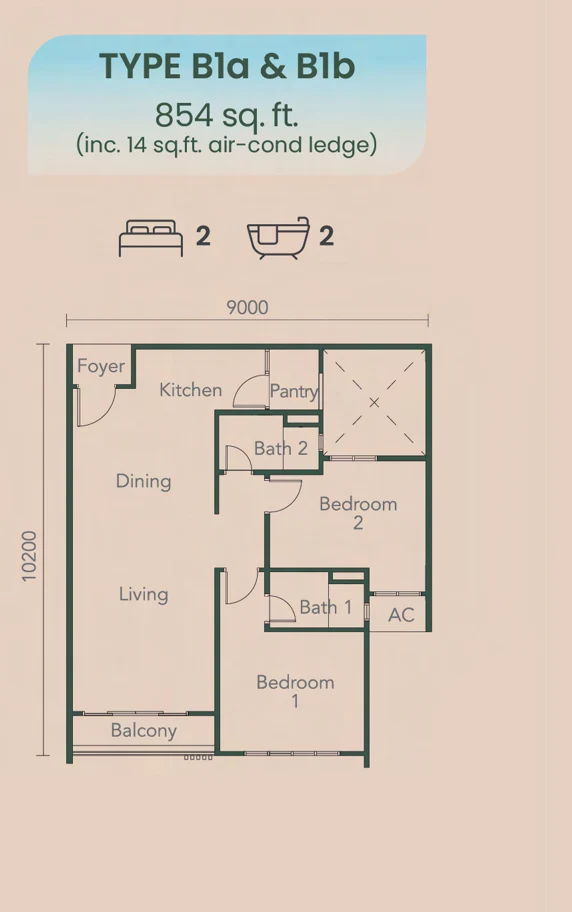 NADI Residences Type B1 floor plan — 854 sq ft, 2 bedrooms