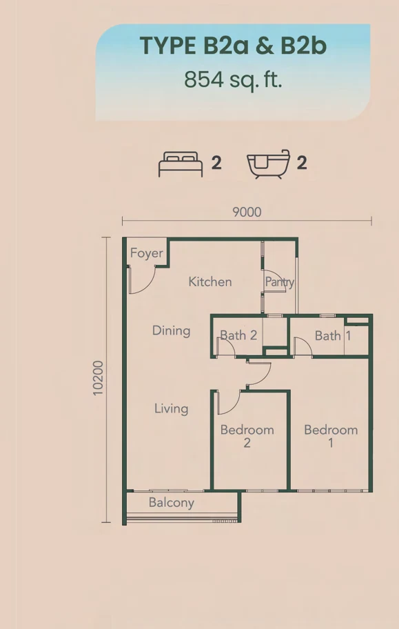 NADI Residences Type B2 floor plan — 854 sq ft, 2 bedrooms