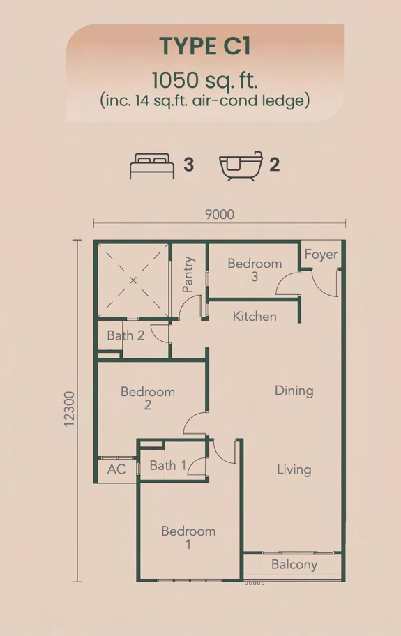NADI Residences Type C1 floor plan — 1,050 sq ft, 3 bedrooms
