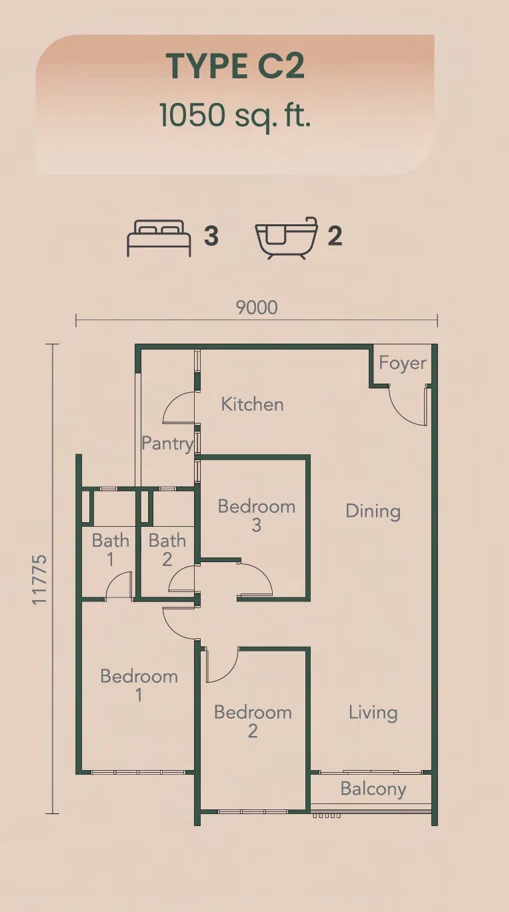 NADI Residences Type C2 floor plan — 1,050 sq ft, 3 bedrooms