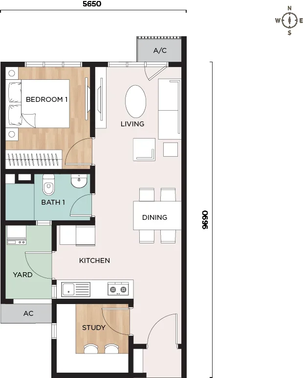 Nara at Shorea Park Type A floor plan — 560 sq ft, 1+1 bedroom, 1 bathroom