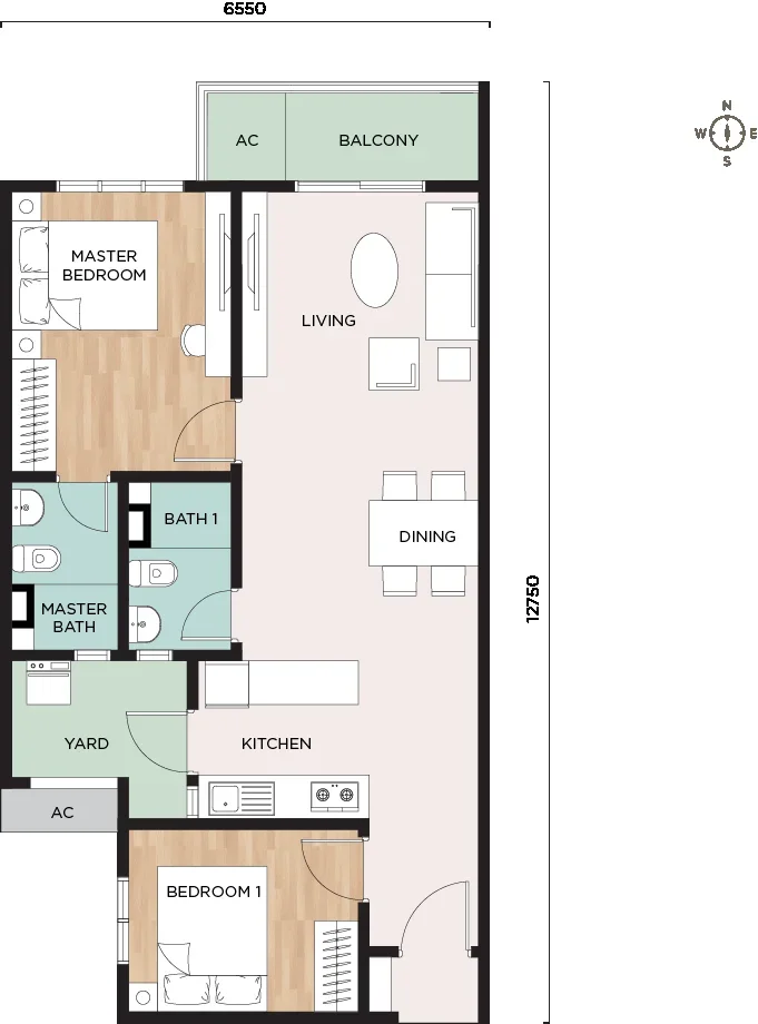 Nara at Shorea Park Type B floor plan — 807 sq ft, 2 bedrooms