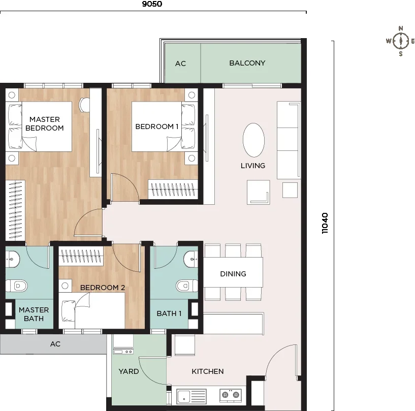 Nara at Shorea Park Type C floor plan — 936 sq ft, 3 bedrooms