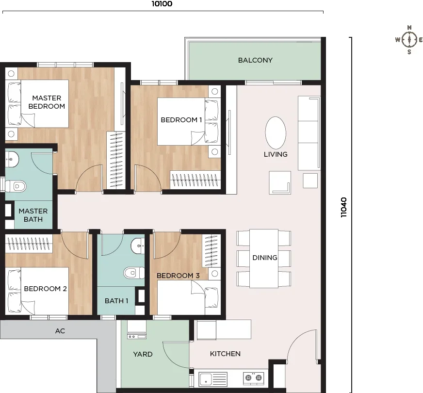 Nara at Shorea Park Type D floor plan — 1,055 sq ft, 4 bedrooms